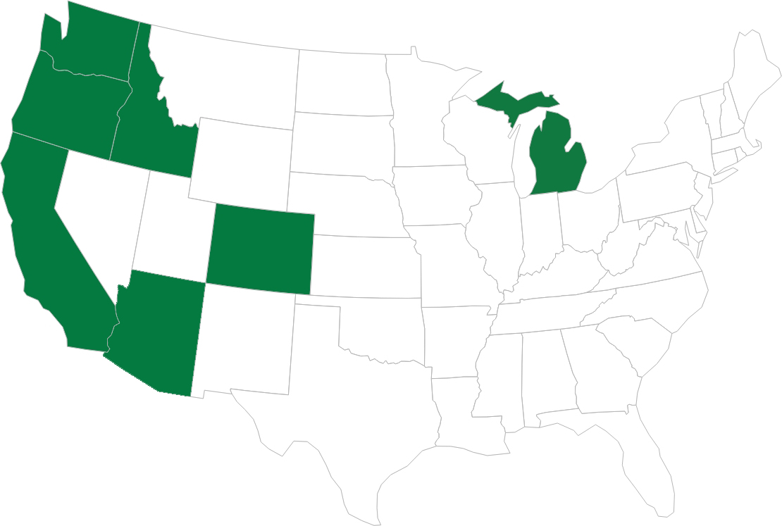 Map of the USA with Washington, Oregon, California, Idaho, Michigan and Colorado highlighted green