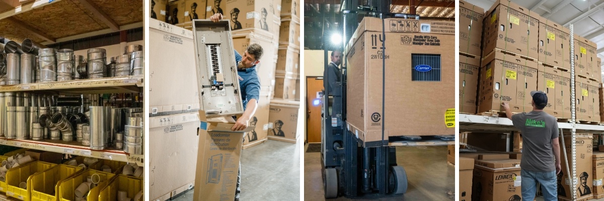 collage of technicians moving boxes in warehouse